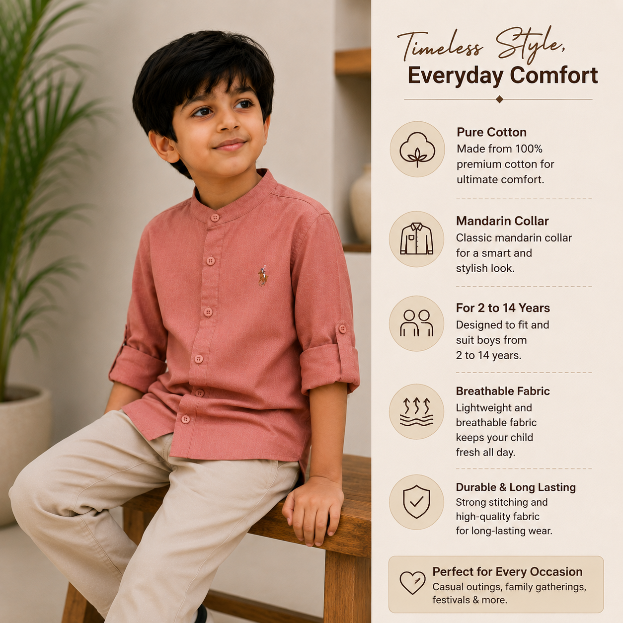 Pure Cotton Stand Collar Shirt – Dusty Peach