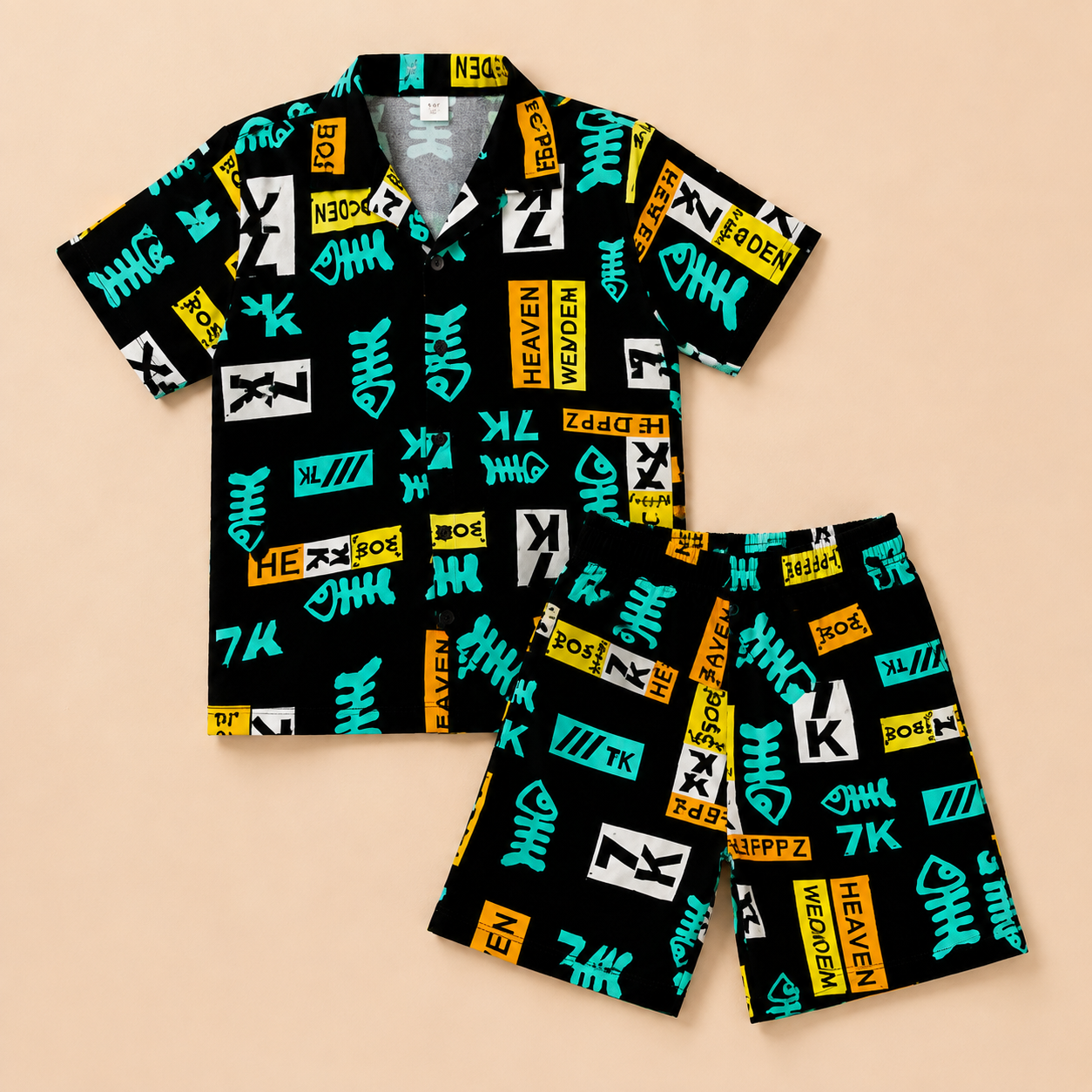 Summer Shirt & Shorts Set - Black & Neon Green Funky Matrix Print