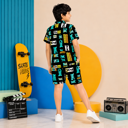 Summer Shirt & Shorts Set - Black & Neon Green Funky Matrix Print