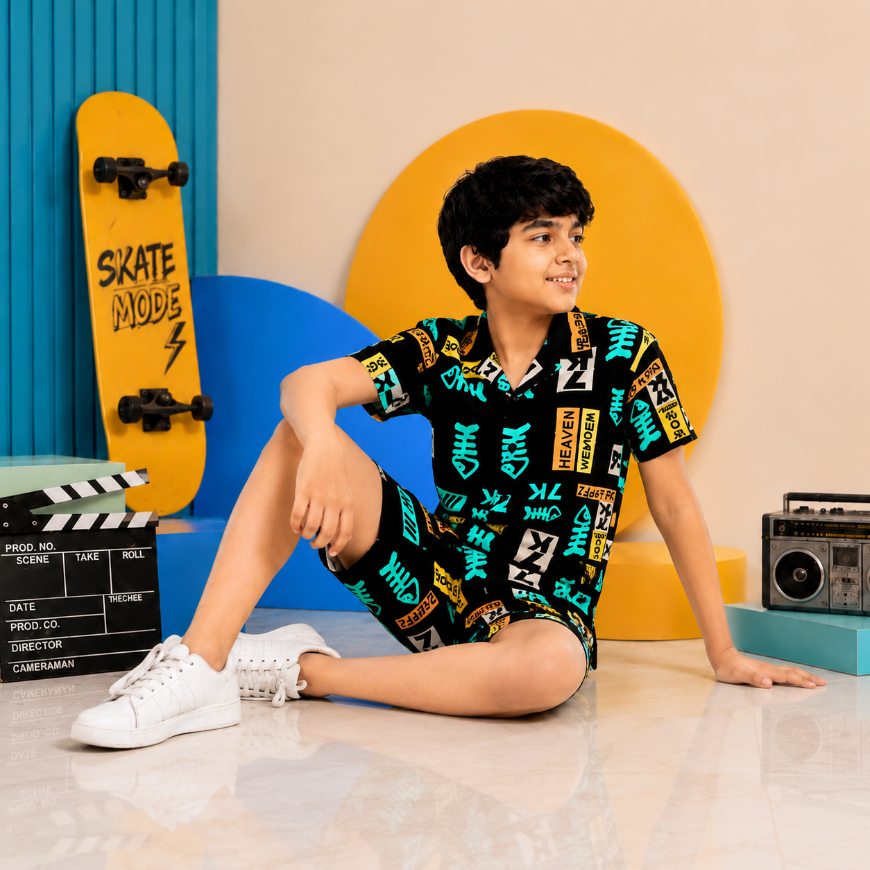 Summer Shirt & Shorts Set - Black & Neon Green Funky Matrix Print