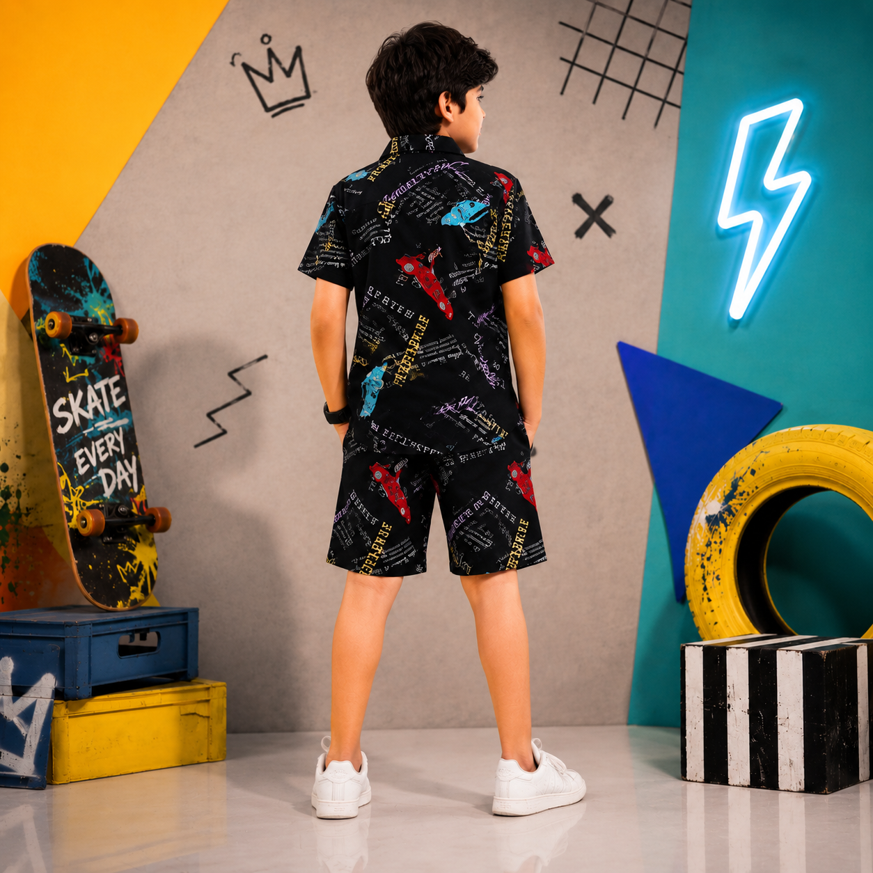 Summer Shirt & Shorts Set - Black with Neon & Red Grunge Print