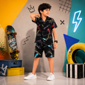 Summer Shirt & Shorts Set - Black with Neon & Red Grunge Print
