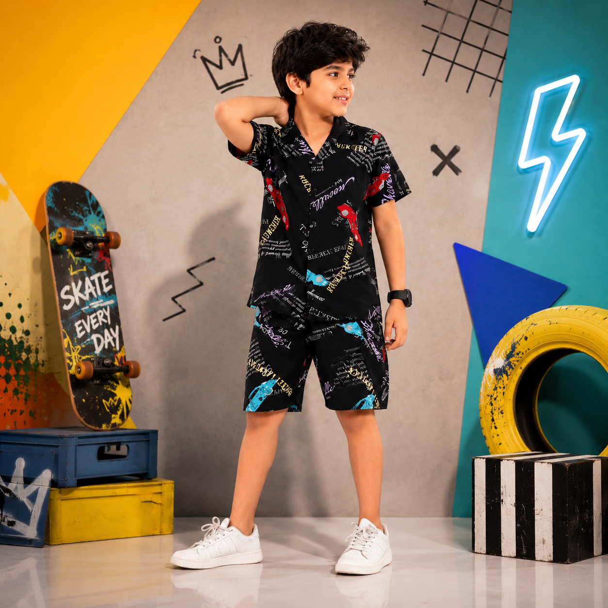 Summer Shirt & Shorts Set - Black with Neon & Red Grunge Print