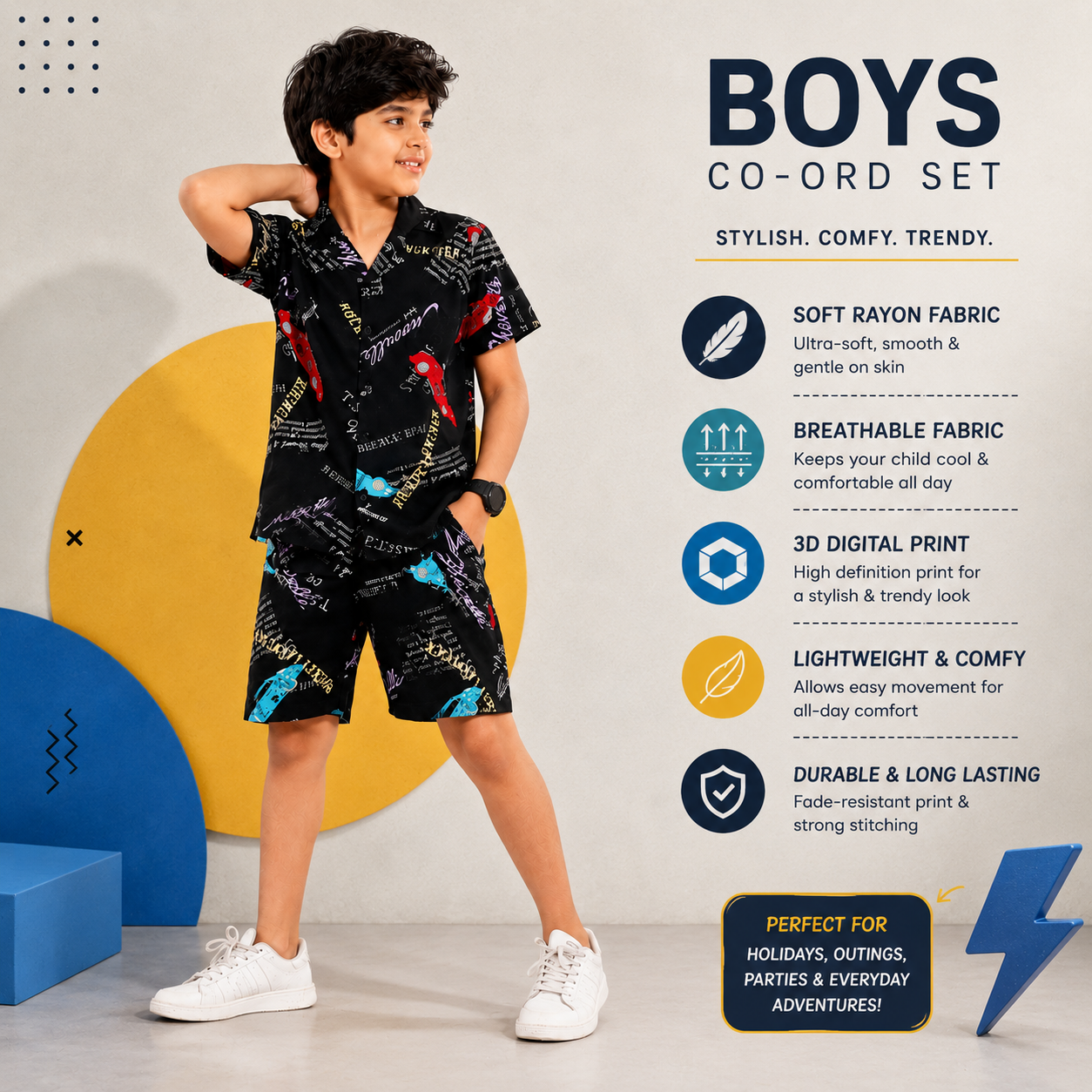 Summer Shirt & Shorts Set - Black with Neon & Red Grunge Print