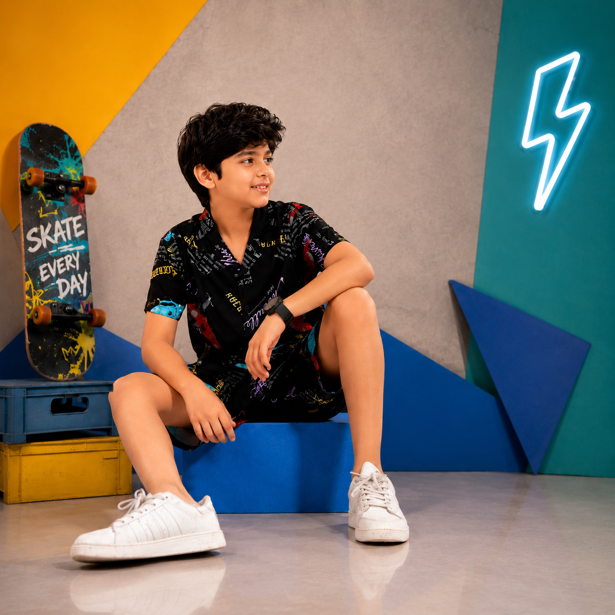 Summer Shirt & Shorts Set - Black with Neon & Red Grunge Print