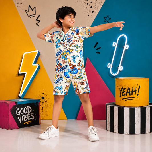 Summer Shirt & Shorts Set - White Funky Pop Art Digital Print