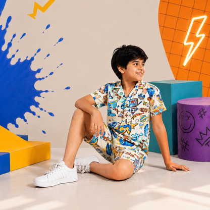 Summer Shirt & Shorts Set - White Funky Pop Art Digital Print