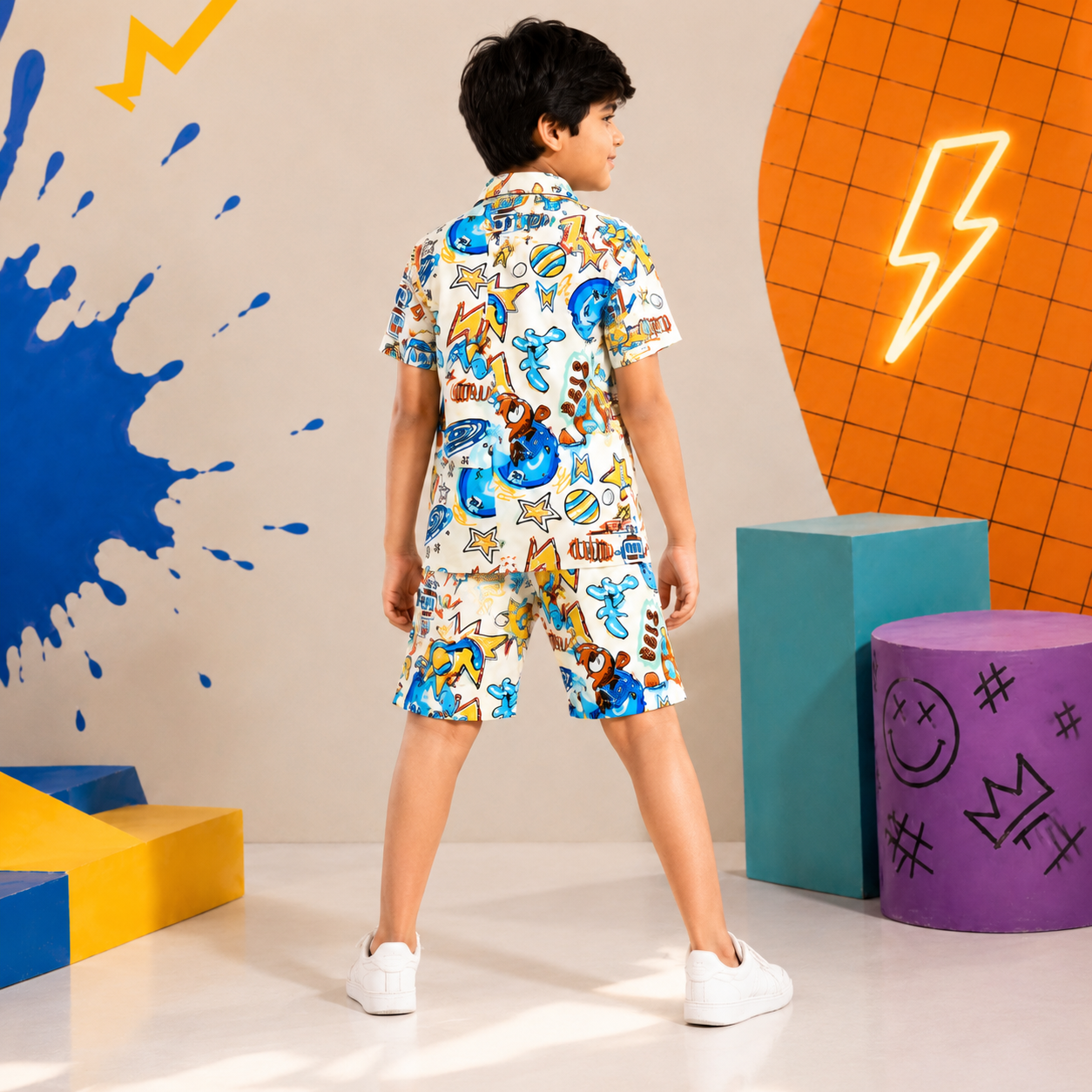 Summer Shirt & Shorts Set - White Funky Pop Art Digital Print