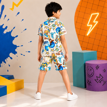 Summer Shirt & Shorts Set - White Funky Pop Art Digital Print