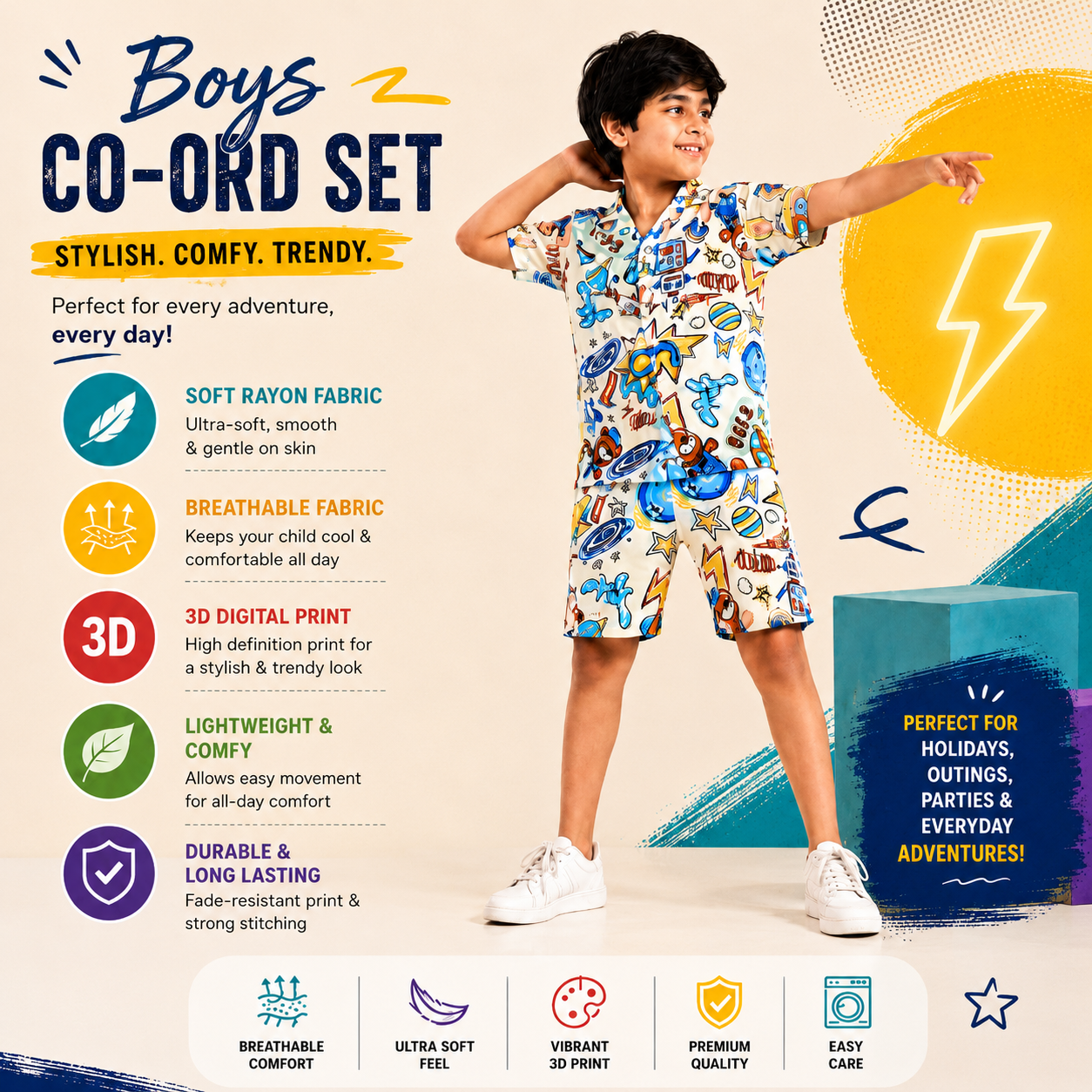 Summer Shirt & Shorts Set - White Funky Pop Art Digital Print