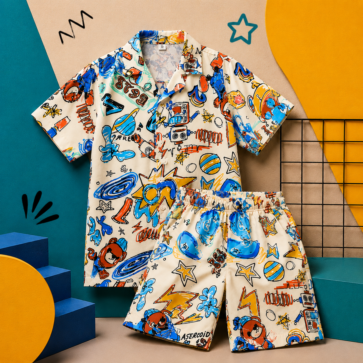Summer Shirt & Shorts Set - White Funky Pop Art Digital Print