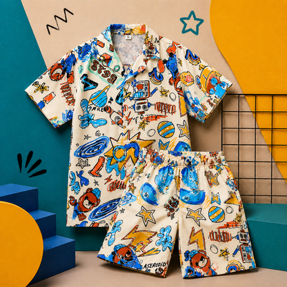Summer Shirt & Shorts Set - White Funky Pop Art Digital Print