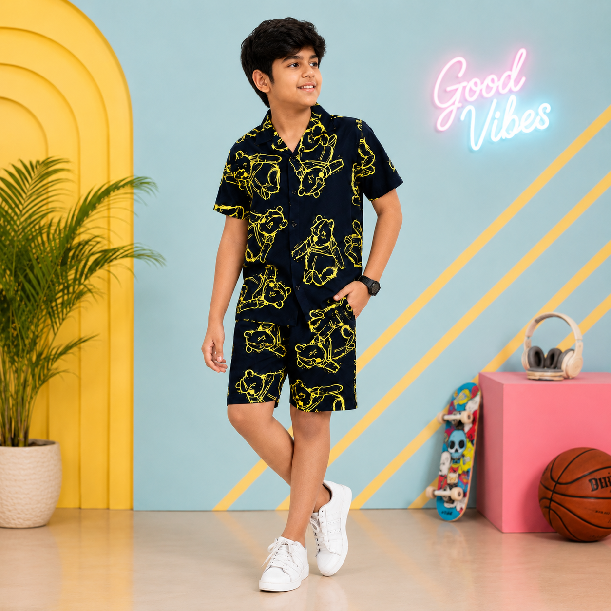 Summer Shirt & Shorts Set - Dark Blue & Yellow funky Bear Digital Print
