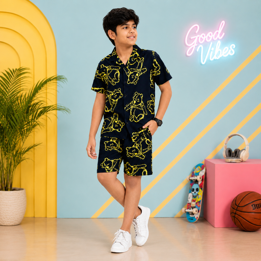Summer Shirt & Shorts Set - Dark Blue & Yellow funky Bear Digital Print