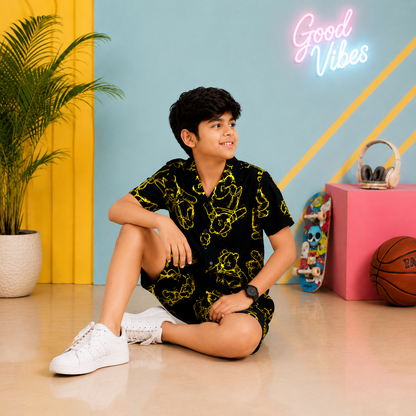 Summer Shirt & Shorts Set - Dark Blue & Yellow funky Bear Digital Print