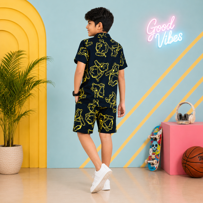 Summer Shirt & Shorts Set - Dark Blue & Yellow funky Bear Digital Print