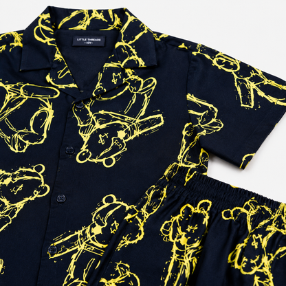 Summer Shirt & Shorts Set - Dark Blue & Yellow funky Bear Digital Print