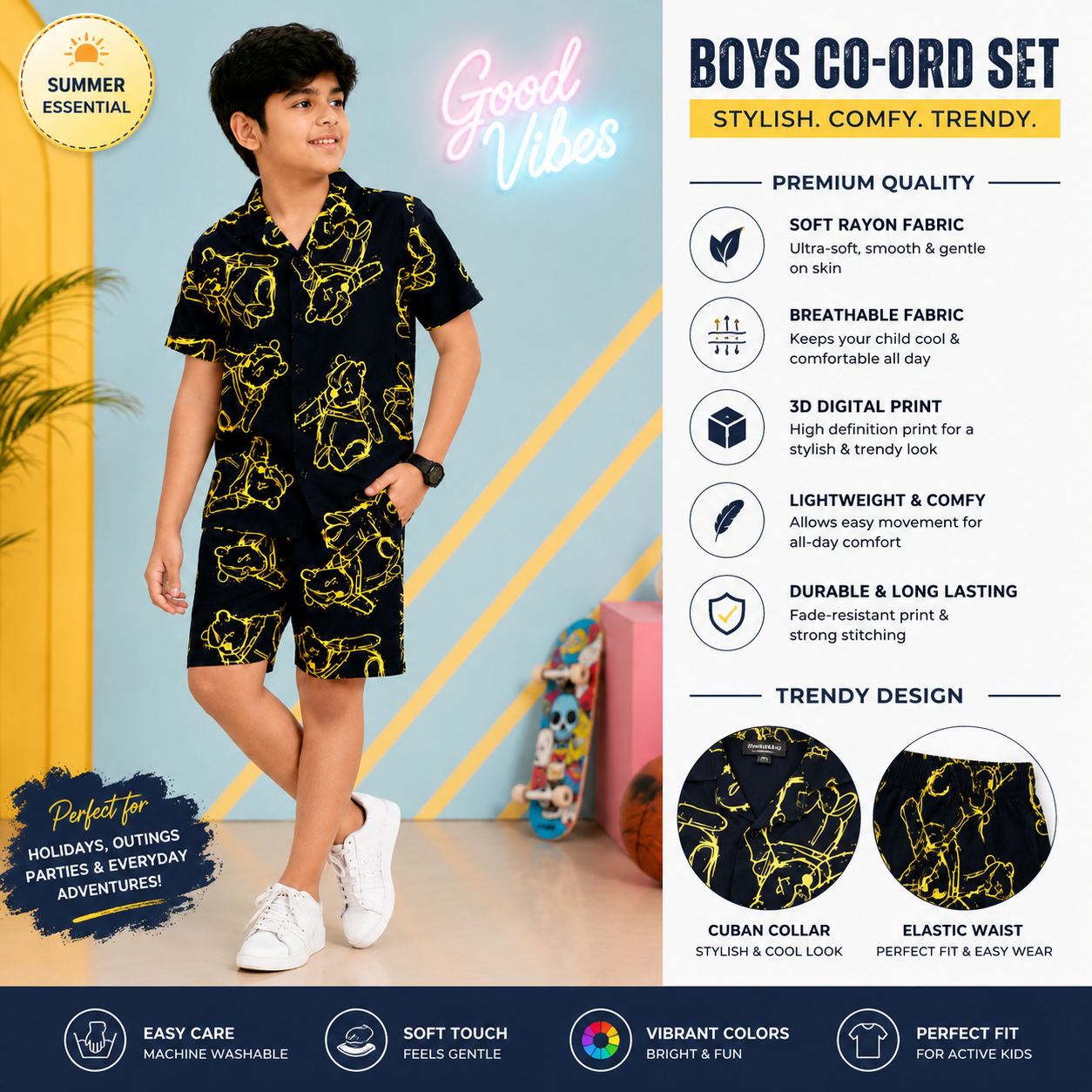 Summer Shirt & Shorts Set - Dark Blue & Yellow funky Bear Digital Print