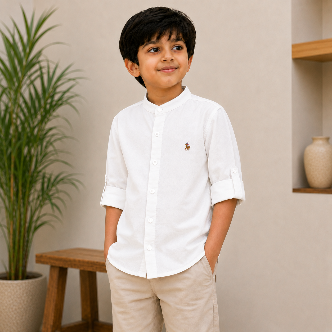 Pure Cotton Stand Collar Shirt – White