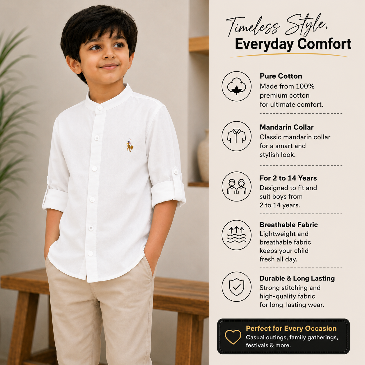 Pure Cotton Stand Collar Shirt – White