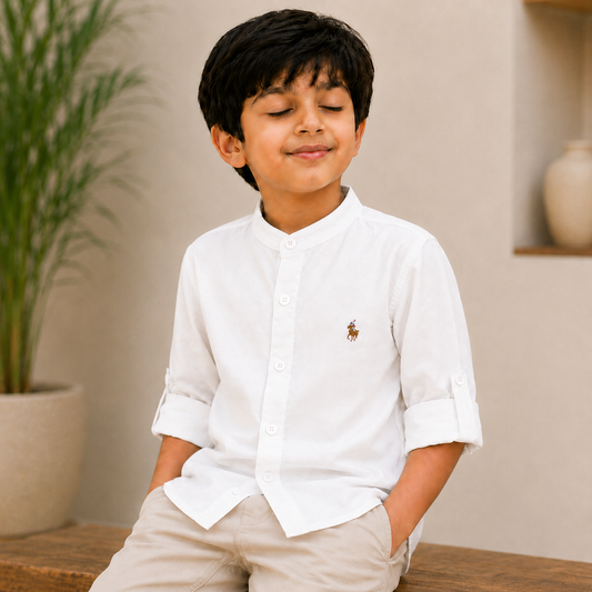 Pure Cotton Stand Collar Shirt – White